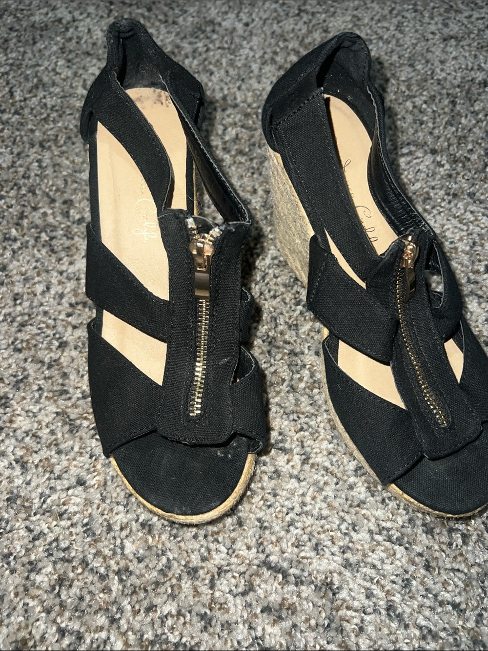 Black Espadrille Wedge Sandals with Front Zip Accent
